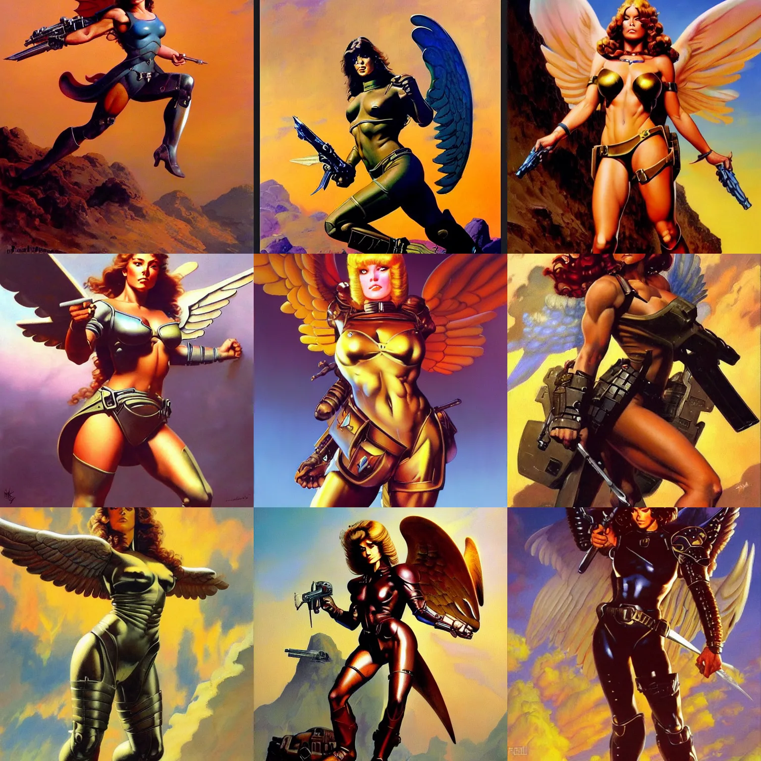 Prompt: Worksafe, fully clothed. Painting of young armored angel girl by by Frank Frazetta, Boris Vallejo, Larry Elmore, Julie Bell, Keith Parkinson and lyde Caldwell, trending on ArtStation.