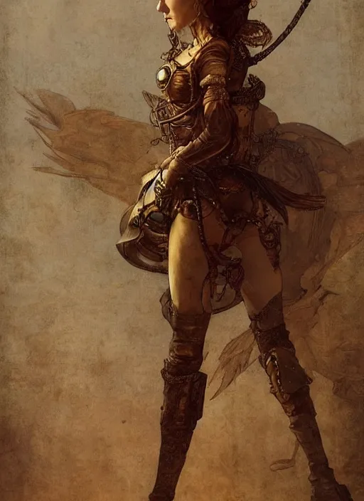 Image similar to highly detailed steampunk woman standing on a mechanism : leonardo da vinci, greg rutkowski, magali villeneuve