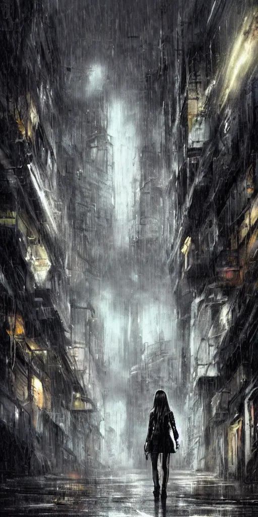 Prompt: a concept art landscape of a woman in the foreground, back to camera, standing in a claustrophobic alley of seedy futuristic city, standing in the rain with an umbrella, wet, emphasis on tall buildings, dirty, low angle