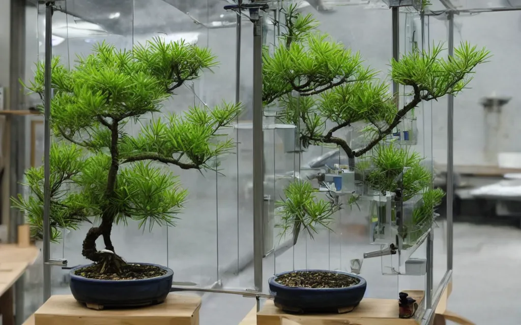 Prompt: a plant incubator made of glass, stainless steel and precision instruments. there is mist inside and pine bonsai is inside, a detection screens outside