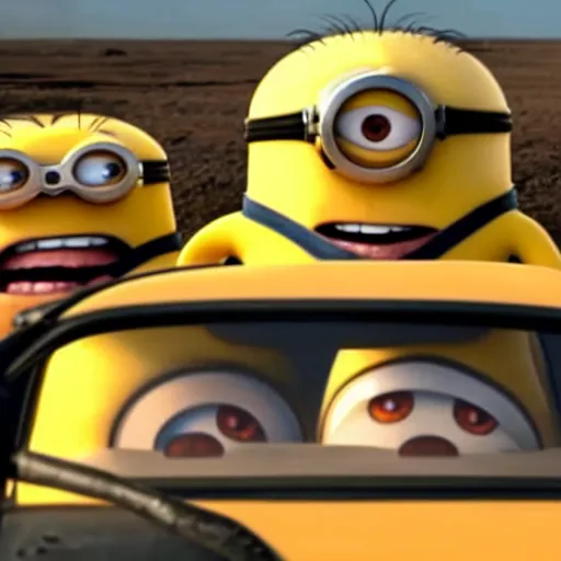 Image similar to a still of minions driving cars in mad max movie, highly detailed cinematography, cinematic, marvel cinematic