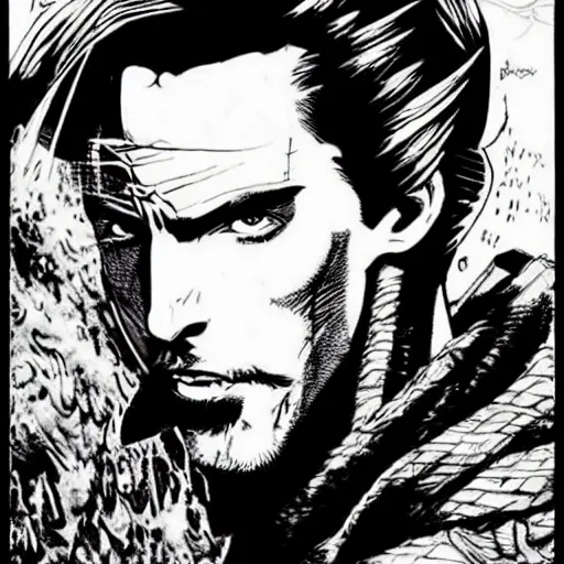 Image similar to pen and ink!!!! attractive 22 year old Dr. Strange Gantz marvel monochrome!!!! Frank Zappa x Ryan Gosling comic book Vagabond!!!! floating magic swordsman!!!! glides through a beautiful!!!!!!! battlefield magic the gathering dramatic esoteric!!!!!! pen and ink!!!!! illustrated in high detail!!!!!!!! graphic novel!!!!!!!!! by Hiroya Oku!!!!!!!!! and Frank Miller!!!!!!!!! MTG!!! award winning!!!! full closeup portrait!!!!! action manga panel