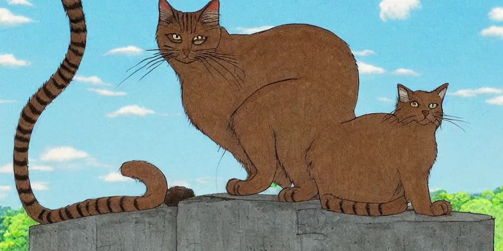 Prompt: sri lankan cat looking at the city, drawn by hayao miyazaki