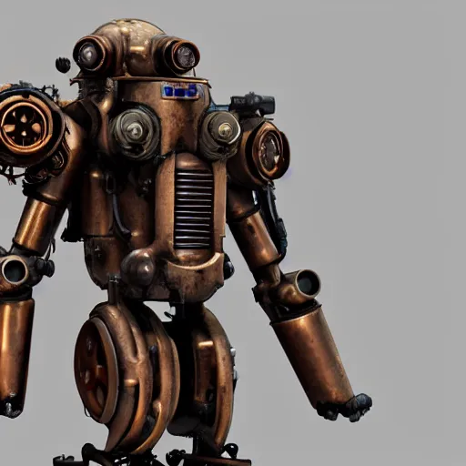 Image similar to a steampunk mech - suit designed to shoot down other mech - suits, 3 d render, unity, steam, pipes, guns, copper, metal, slightly rusty, plain background, finely detailed, epic, intense, sparks, cinematic lighting,