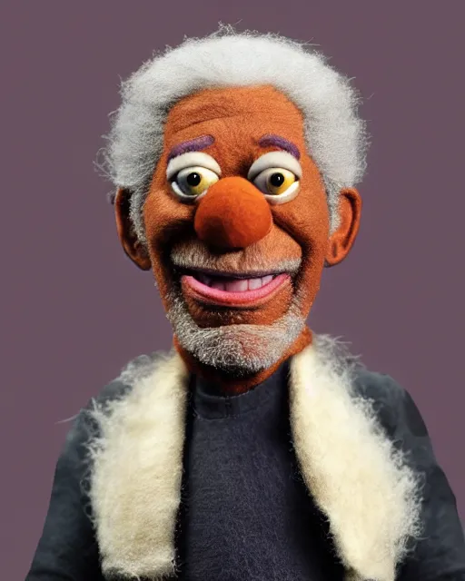Prompt: morgan freeman as a muppet. highly detailed felt. hyper real photo. 4 k.