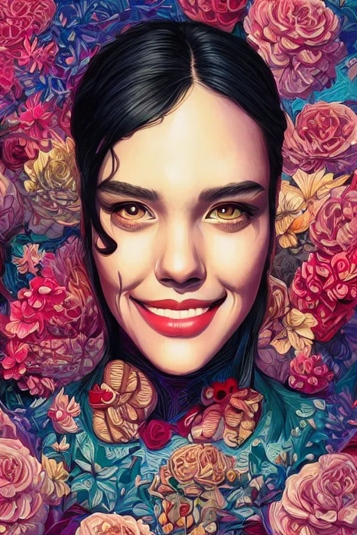 Image similar to a pretty girl smiling, Tristan Eaton, victo ngai, artgerm, RHADS, ross draws