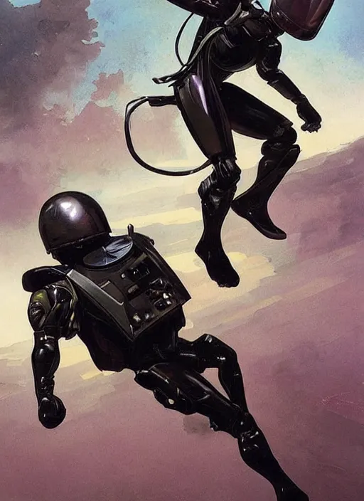 Prompt: flying human in suit with conic helmet and jetpacks attached to arms and legs, against dark background, fluid, smooth, organic, crazy, high contrast, sharpness, dramatic, by greg rutkowski and siudmak and richard corben and moebius