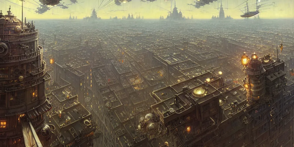 Prompt: steampunk airship above a busy city, exquisite details, denoised, mid view, by norman rockwell, karl kopinski, artsation, greg rutkowski, makoto shinkai, takashi takeuchi, studio ghibli