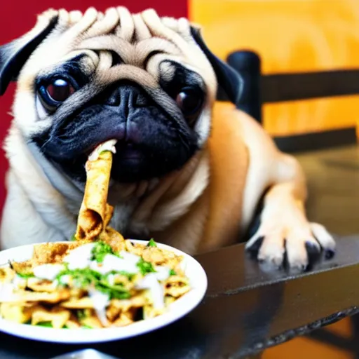 Prompt: pug eating shawarma