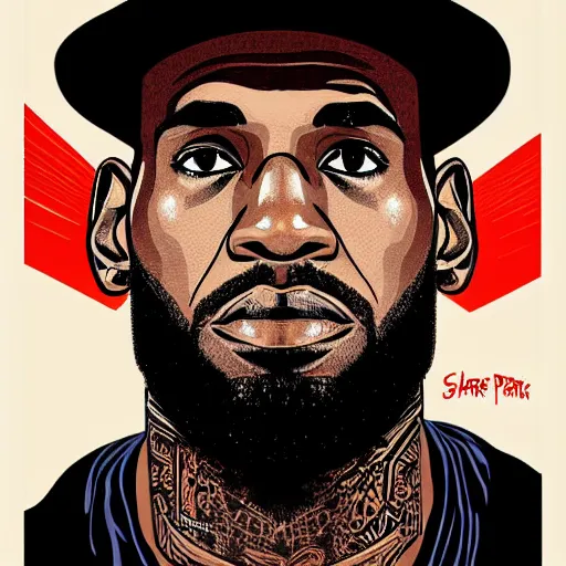 Prompt: Portrait of Lebron James in a hat by Shepard Fairey