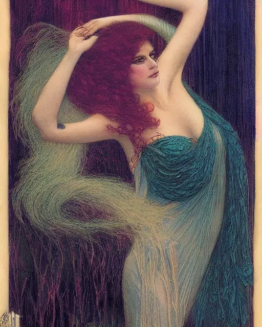 Image similar to a cautious woman, mysterious, dark, intricate, concept art, smooth, sharp focus, illustration, by delphin enjolras, by carlos schwabe,