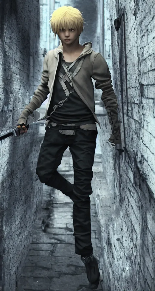 Image similar to A young blonde haired boy wearing thief clothes with daggers in an alleyway, epic fantasy, octane render, high detail, photorealistic, High details,4k, anime style