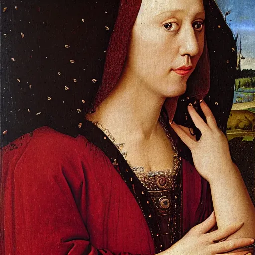 Image similar to portrait of katy perry, oil painting by jan van eyck, northern renaissance art, oil on canvas, wet - on - wet technique, realistic, expressive emotions, intricate textures, illusionistic detail