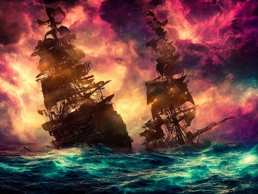 Image similar to photograph of a pirate ship traveling through sea of colorful stars, breathtaking stars, thunderstorm, interstellar, concept art, NASA, 4K, Detailed, HDR