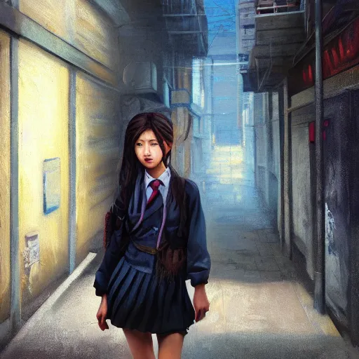 Prompt: a perfect, realistic professional oil painting of a Japanese schoolgirl posing in a dystopian alleyway, close-up, by a professional American senior artist on ArtStation, a high-quality hollywood-style concept