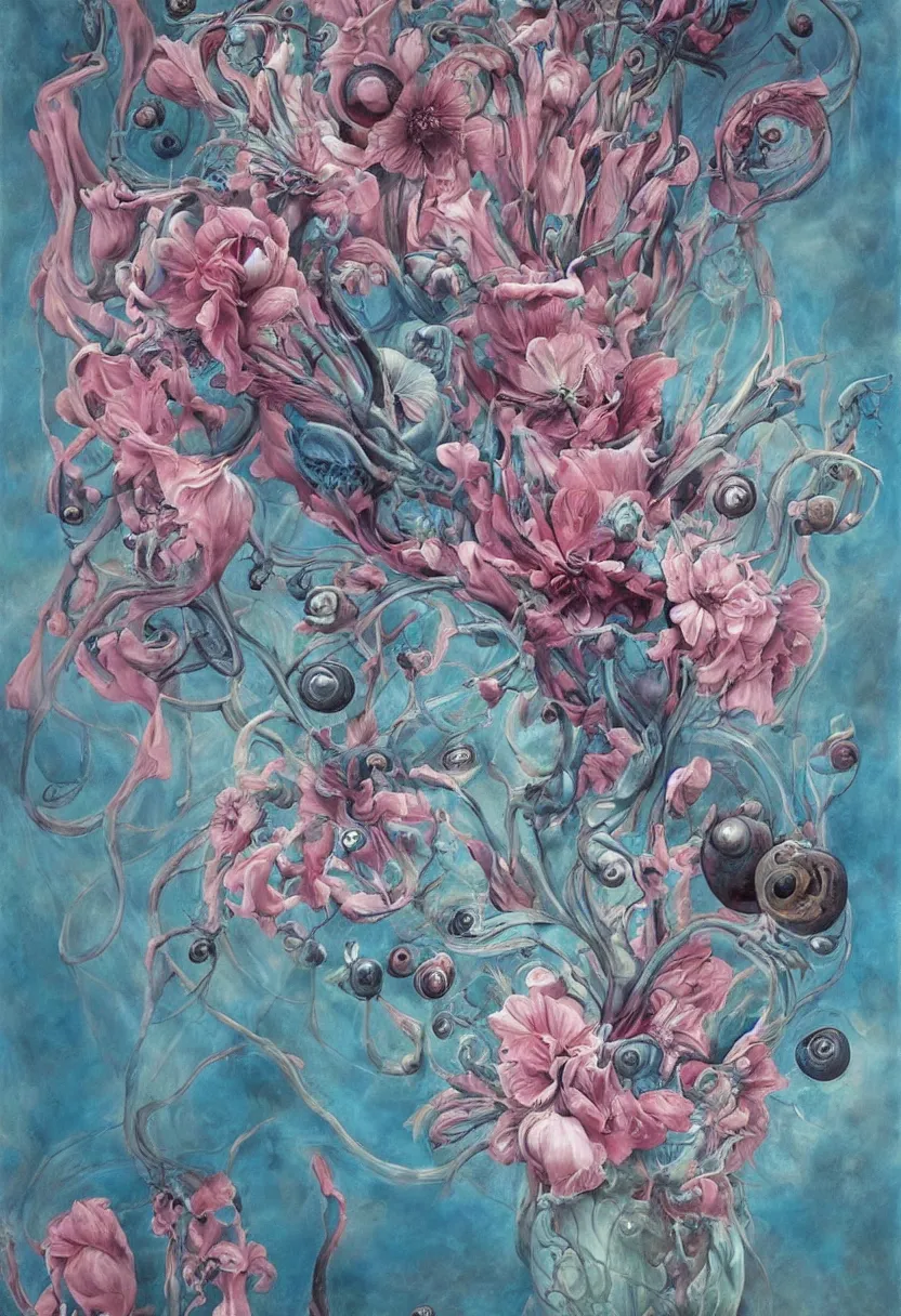 Image similar to a biomorphic painting of a vase with flowers and eyeballs in it, a surrealist painting by marco mazzoni, by dorothea tanning, pastel blues and pinks, featured on artstation, metaphysical painting, oil on canvas, fluid acrylic pour art, airbrush art, bees, seapunk, rococo, lovecraftian