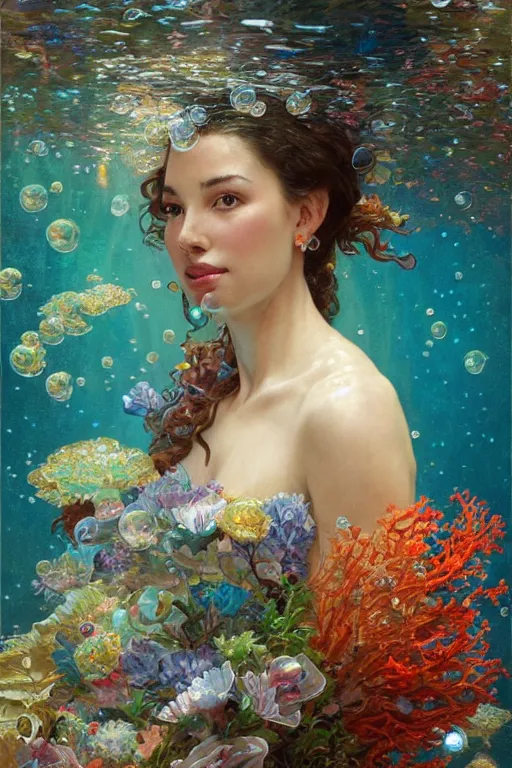 Image similar to portrait of a beautiful mysterious woman holding a bouquet of flowing flowers, small bubbles from her mouth, hands hidden under the bouquet, submerged underwater filled with colorful small fish and coral reef, fantasy, regal, intricate, by stanley artgerm lau, greg rutkowski, thomas kindkade, alphonse mucha, loish, norman rockwell