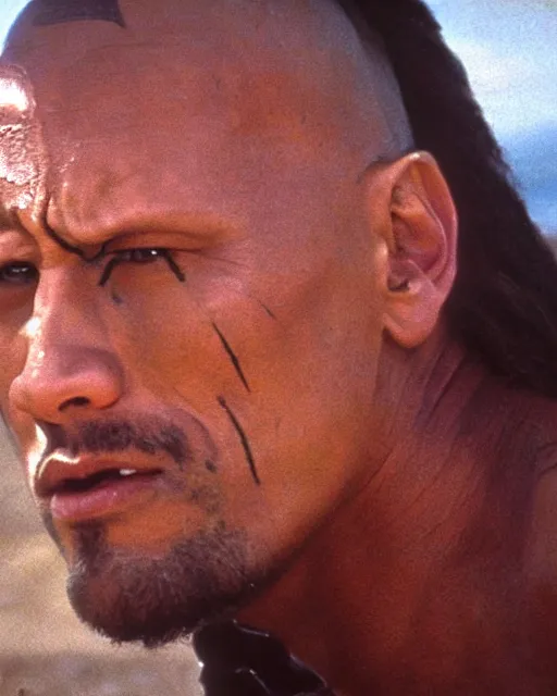 Image similar to film still close up shot of dwayne johnson in the movie mad max 2 the road warrior. photographic, photography