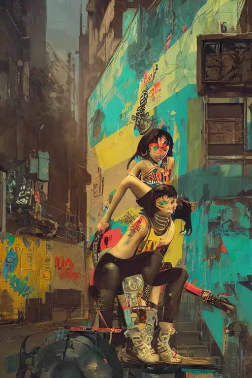 Image similar to punk girl sitting on extreme graffiti tag mural maximalism by atey ghailan, by greg rutkowski, by joe fenton, yellow, brown, black and cyan color scheme, octane render