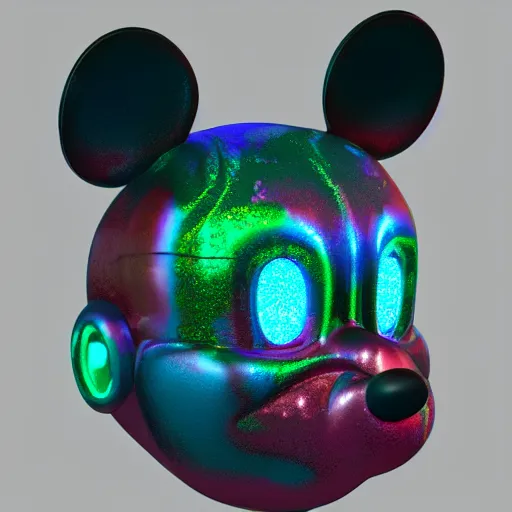 Image similar to counterfeit mickey mouse head, fractal, broken, psychedelic dystopia, wet, mycelium, radiant alien, rococo, baroque, automotive, bio-mechanical, porcelain, iridescent, sub surface scattering, octane render