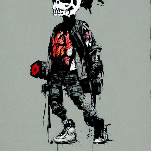 Prompt: skull, creative design, cyberpunk, techwear, full body portrait, character design, graffiti, by Ashley Wood and Jamie Hewlett