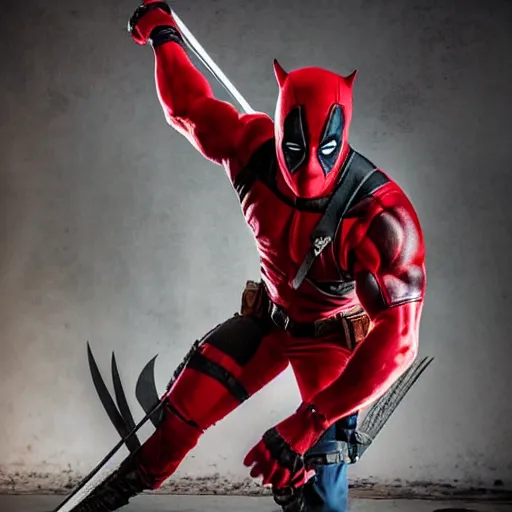 Prompt: portrait of Wolverine wearing deadpool costume