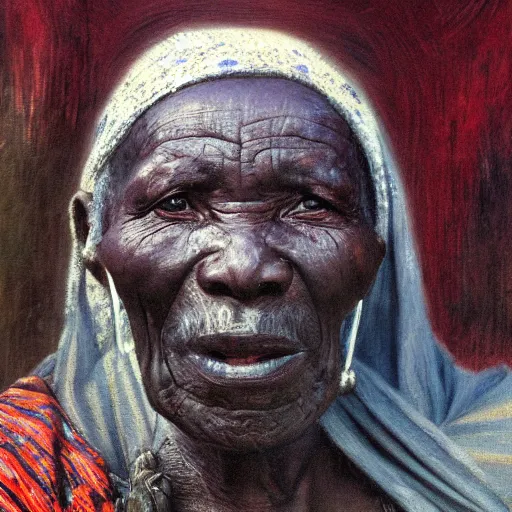 Image similar to a painting of a wise elder from Kenya by Henry Ossawa Tanner . dramatic angle, ethereal lights, details, smooth, sharp focus, illustration, realistic, cinematic, artstation, award winning, rgb , unreal engine, octane render, cinematic light, macro, depth of field, blur, red light and clouds from the back, highly detailed epic cinematic concept art CG render made in Maya, Blender and Photoshop, octane render, excellent composition, dynamic dramatic cinematic lighting, aesthetic, very inspirational, arthouse.