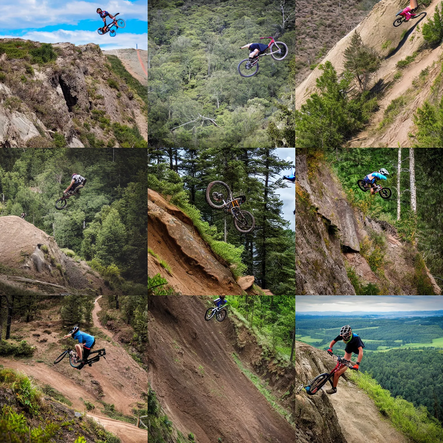 Prompt: mtb rider making a backflip from a high cliff