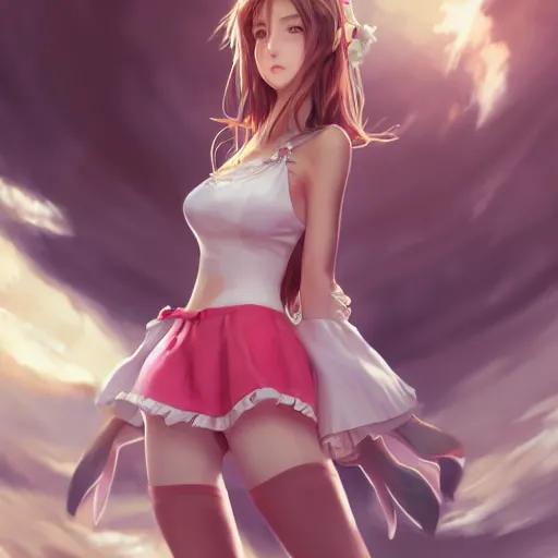 Image similar to full body shot of aerith gainsborough by WLOP, rossdraws, Logan Cure, Mingchen Shen, BangkuART, sakimichan, yan gisuka, JeonSeok Lee, zeronis, Chengwei Pan on artstation