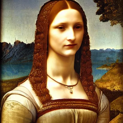 Image similar to portrait of a beautiful woman at a lake, oil painting by Da Vinci