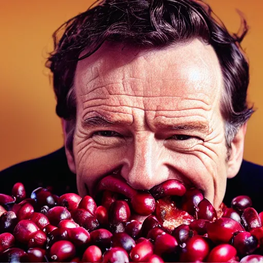 Prompt: closeup portrait of bryan cranston happy face submerged in cranberries, food photography, natural light, sharp, detailed face, magazine, press, photo, steve mccurry, david lazar, canon, nikon, focus