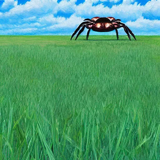 Prompt: Giant crab in an open field, panoramic, digital painting