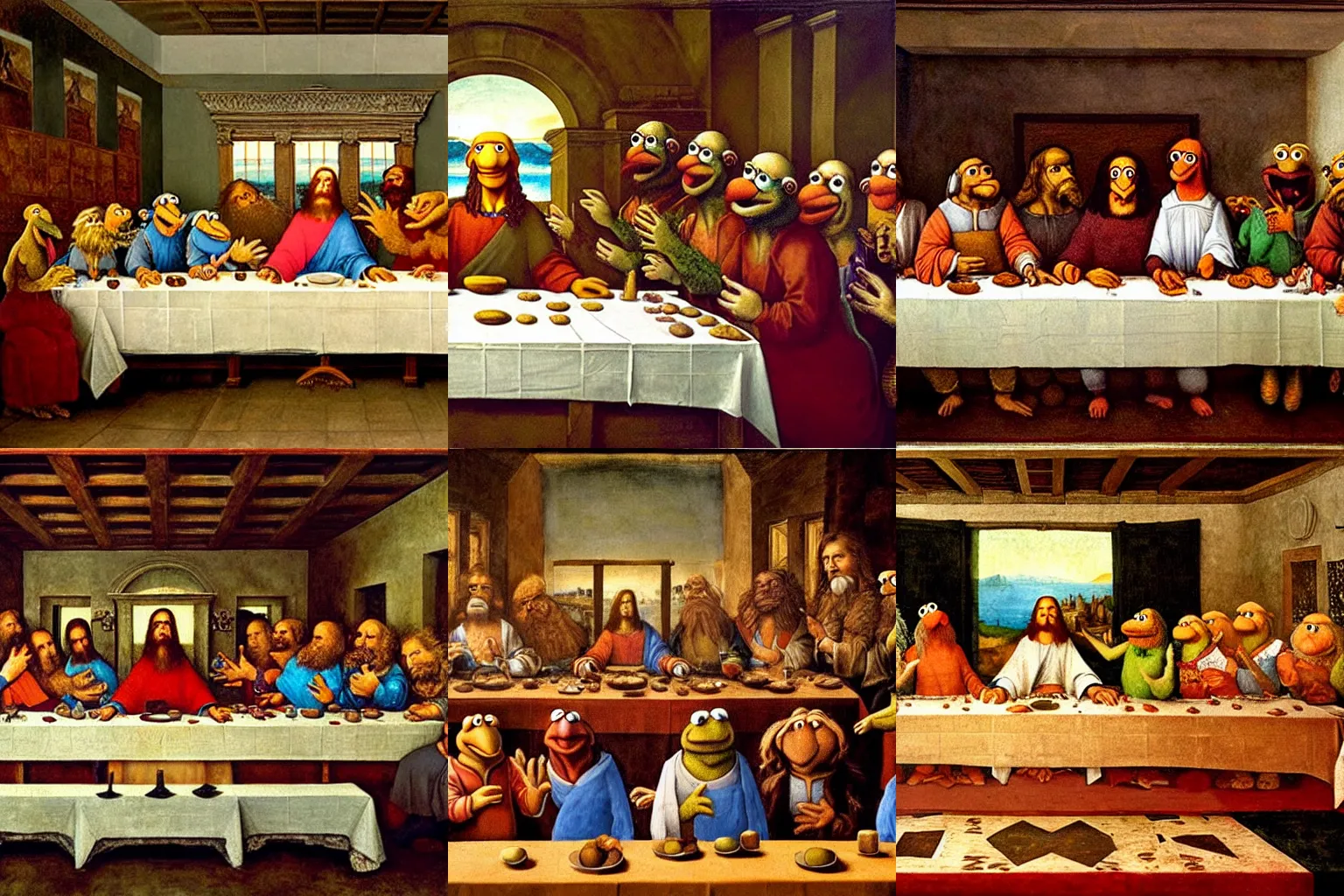 Prompt: an affresco painting of the muppets sitting behind a long table in the style of the last supper, by Leonardo da Vinci