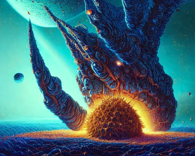 Prompt: a giant cosmic space fork attacking an orbital space beehive, hyper realistic, volumetric lighting, intricately detailed, cosmic horror, vibrant colors, Art station, Epic scale, art by Greg Rutkowski, art by Ruth Asawa, art by Ted Nasmith, art by H.R. Giger, Octane render, Unreal Engine 3D, 8k,