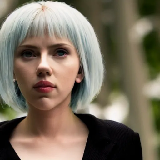 Prompt: still of Scarlett Johansson cosplaying as Rei Ayanami