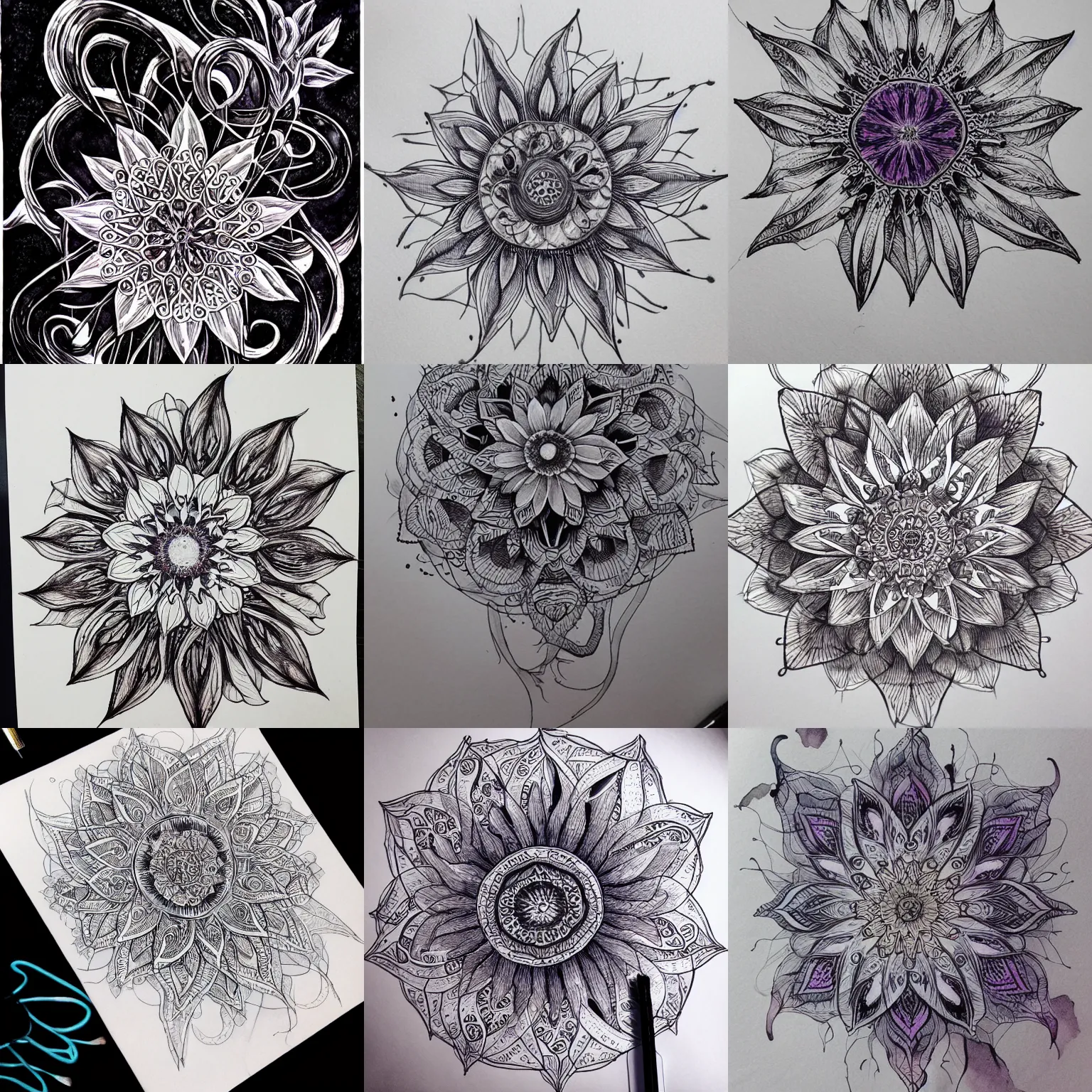 Image similar to beautiful aesthetic inspirational masterful professional ink pen and watercolor sketch of an occult mystic flower, ultra detailed, fine details, trending on artstation, high quality paper