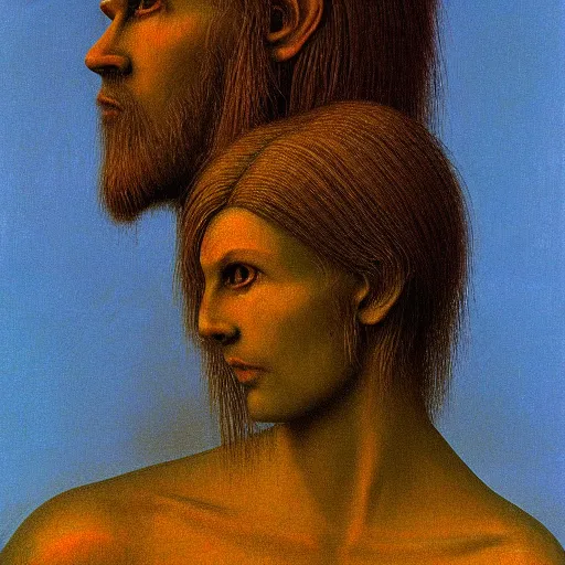 Image similar to masterpiece closeup portrait of Adam and Eve in the style of Zdzislaw Beksinski