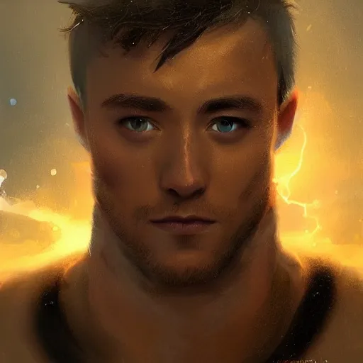 Prompt: a beautiful Norse Warrior based on Tom Daley with glowing aura by Greg Rutkowski and Raymond Swanland, Trending on Artstation, cloudy background, ultra realistic digital art