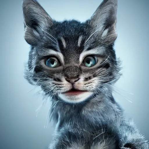 Image similar to full body pose, hyperrealistic photograph of cheshire kitten, dim volumetric lighting, 8 k, octane beautifully detailed render, extremely hyper detailed, intricate, epic composition, cinematic lighting, masterpiece, trending on artstation, very very detailed, stunning, hdr, smooth, sharp focus, high resolution, award, winning photo, dslr, 5 0 mm