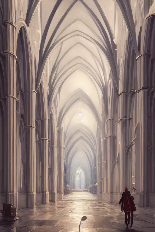 Prompt: an endless series of identical cathedral arches, digital anime by pieter jansz saenredam and atey ghailan and makoto shinkai, 8 k resolution, unreal engine, ue 5, trending on artstation, cgsociety, dramatic lighting, perspective, centered, vibrant colors