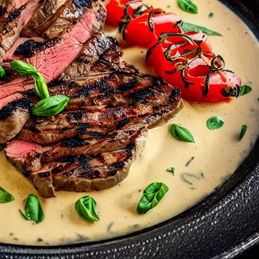 Image similar to delicious 3 2 mm zoomed in adversities photography of a large smoked and seasoned steak well done, with a side seasoned grilled vegetables top in a creamy mozzarella cheese sauce, on a hot platter, very delicious