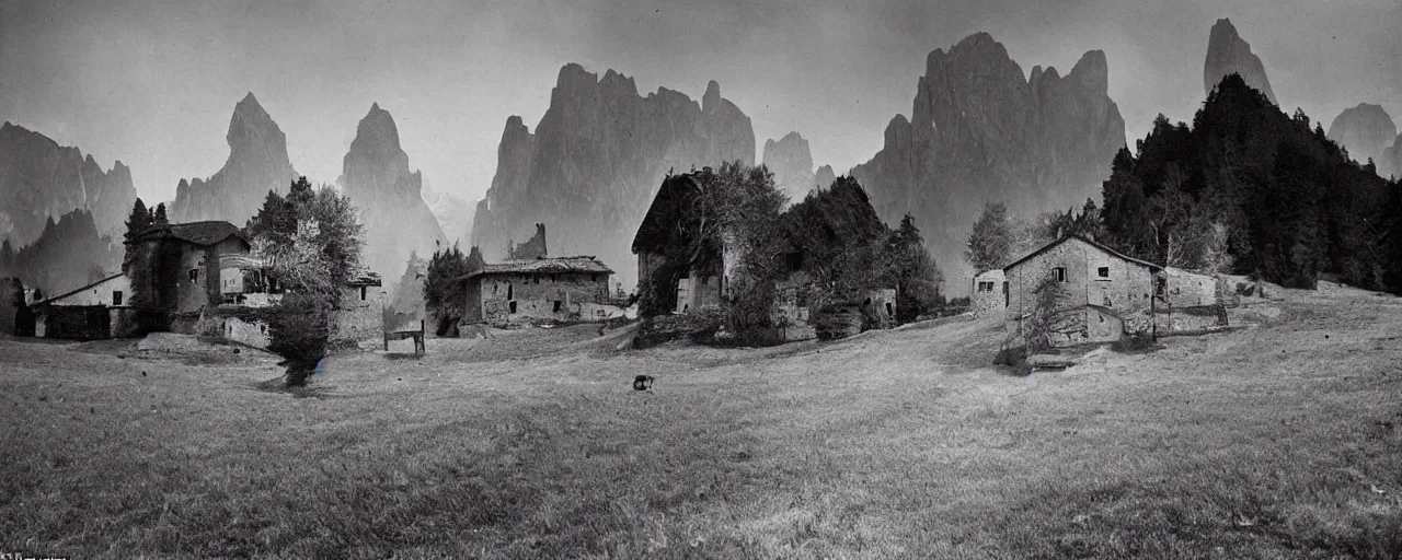 Prompt: 1920s photography of an isolated old village with ghostly wood buildings in the dolomites inhabitated by hay ghosts