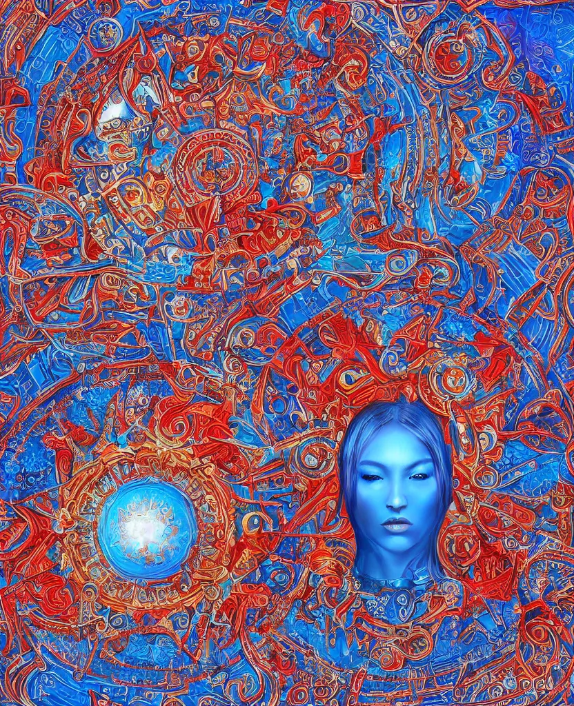 Image similar to structure of the oracle, blue colors with red accents, intricate and ornate, highly detailed fantasy digital painting