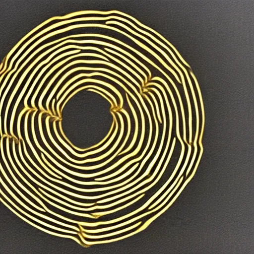 Image similar to 5 concentric arcs made out of gold arranged in a spiral