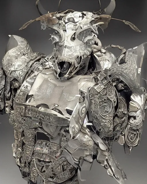 Image similar to a full body shot of an imposing cyborg bull modeled after a bull looking into the camera, contrast lighting, black skin!!!, intricate pattern, hard rubber chest, highly detailed, android, cyborg, full body shot, intricate, 3 d, symmetrical, octane render, fantasy, highly detailed, digital art, artstation, strong bokeh, black face