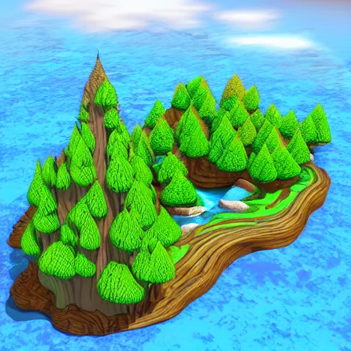 Image similar to forest of many cartoon style trees 3 d, river with an island of a cartoon medieval castle, colourful, blue sky