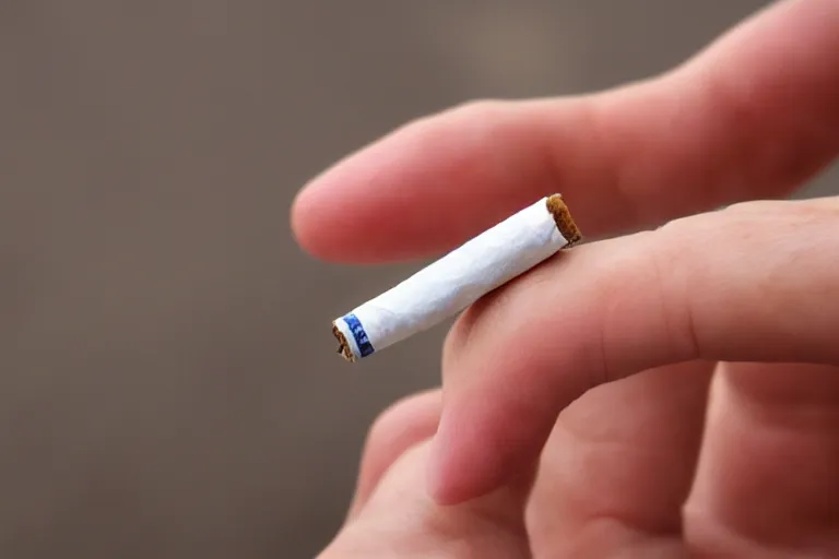 Prompt: cigarette in five fingers, thin soft hand holding cigarette, hyper realistic, natural