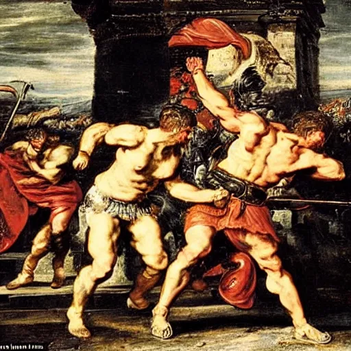 Prompt: a gladiator parrying a strike from his enemy inside the colosseum, hot weather, brutal fight, action, Peter Paul Rubens