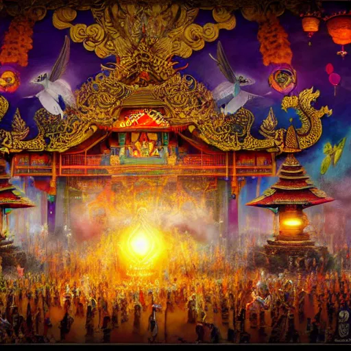 Image similar to beautiful painting of an arcane solar drone ceremony in a balinese mechanical palace in the style of Prateep Kochabua, Leonora Karrington, Welder Wings, Hervé Scott Flament, high-quality digital art, detailed, trending on Artstation