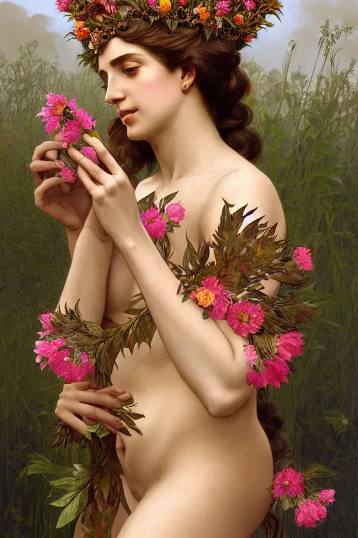 Image similar to body portrait of beautiful roman godess wearing a robe of flowers, wearing a crown of leaves, full body portrait of a young beautiful woman low angle by terry o'neill intricate, elegant, highly detailed, digital painting, artstation, concept art, smooth, sharp focus, illustration, art by artgerm and greg rutkowski and alphonse mucha, 8 k